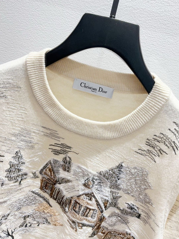 CD 26FW Sweater Snowy Landscape Embroidered Cream Knit Wool 448173