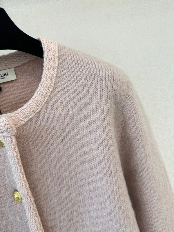 CE 26S Round-Neck Cardigan Jacket Gold-Tone Buttons Patch Pockets Pink Wool 448150