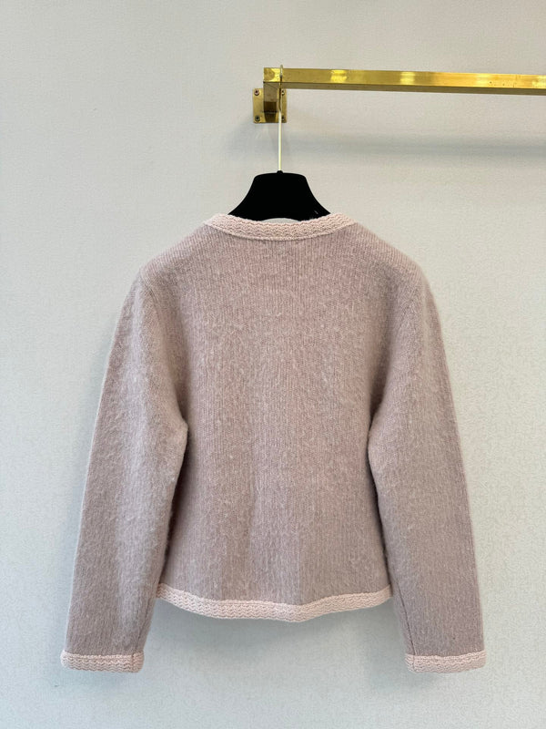 CE 26S Round-Neck Cardigan Jacket Gold-Tone Buttons Patch Pockets Pink Wool 448150