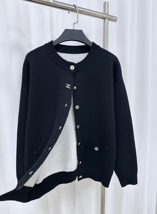 CC 26S Cardigan Double-C Logo Double-Layer Knit Black Wool 448097
