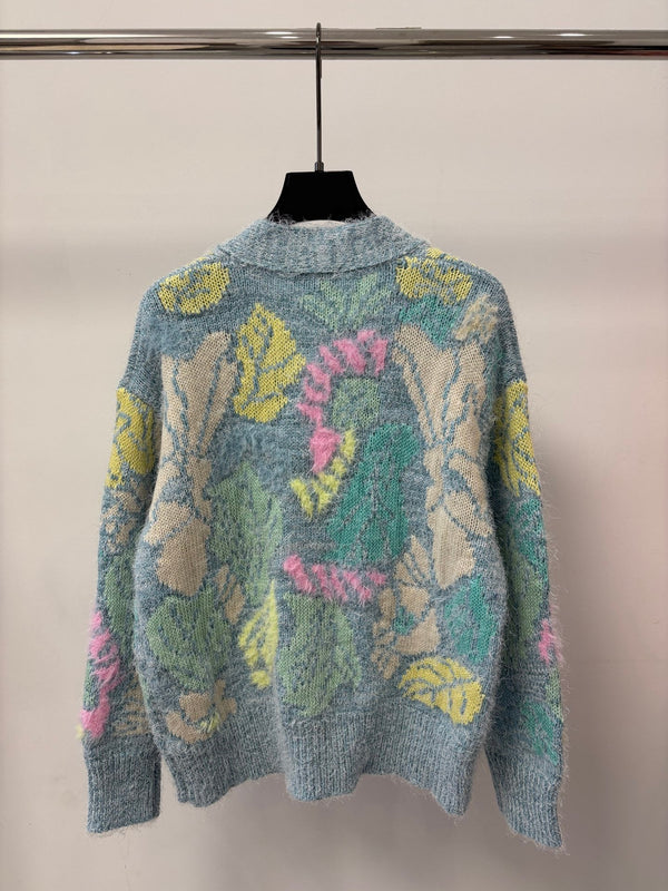 CC 26S Deep V-Neck Knit Cardigan Floral Embroidery Colorful Feather Details Blue Wool 448088