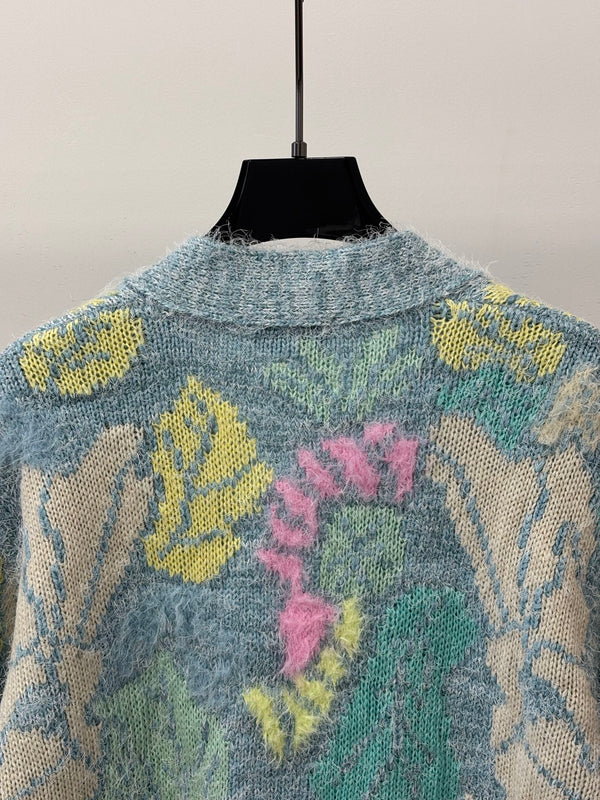 CC 26S Deep V-Neck Knit Cardigan Floral Embroidery Colorful Feather Details Blue Wool 448088