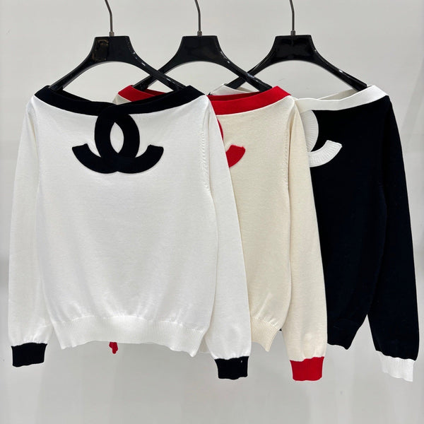 CC 26S Striped Knit Top Colorblock Letter Jacquard Off-Shoulder Long Sleeves Cotton 448086