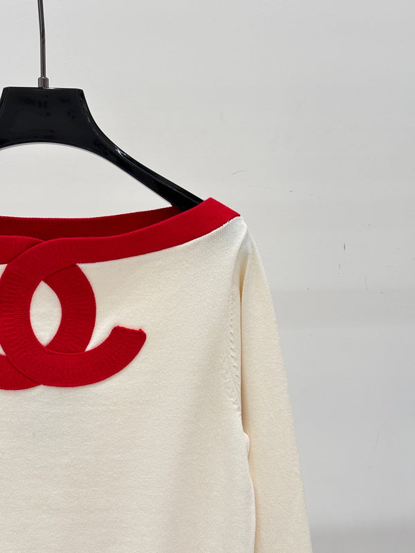 CC 26S Striped Knit Top Colorblock Letter Jacquard Off-Shoulder Long Sleeves Cotton 448086