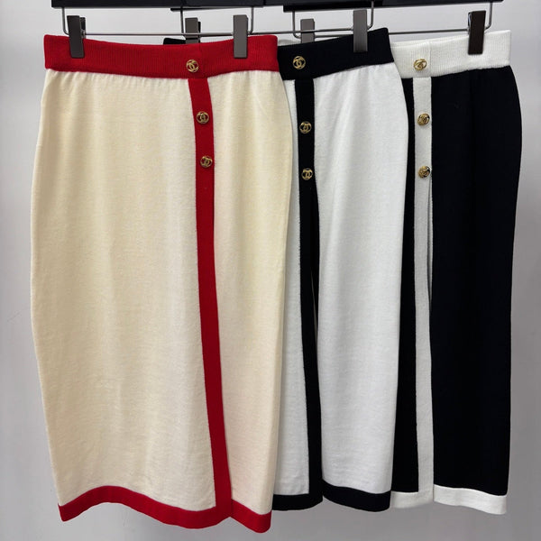 CC 26S Knit Midi Skirt Elastic Waist Double-C Logo Metal Buttons Side Slit 448084