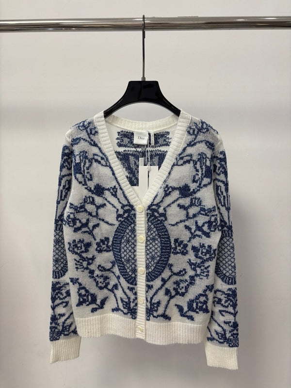 CD 26S V-Neck Cardigan Porcelain Jacquard Contrast Trim Silk 448070