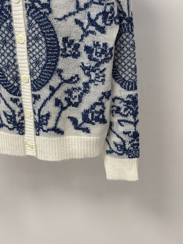 CD 26S V-Neck Cardigan Porcelain Jacquard Contrast Trim Silk 448070