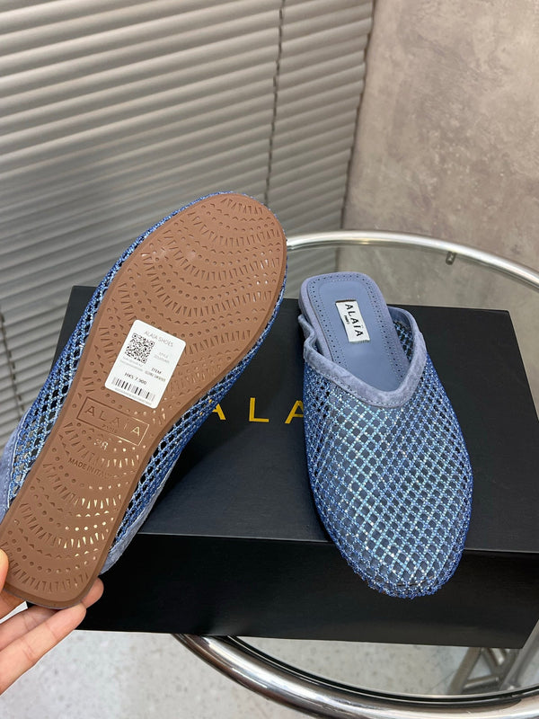 Alaia 26FW Mules Rhinestone Mesh Suede 195864