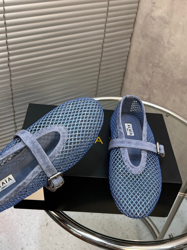 Alaia 26FW Strass Fishnet Ballet Flats Buckle Strap Suede 195860