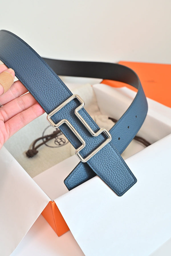 HM 26FW Reversible H Belt 3.8cm Black Blue Grained Leather 220419