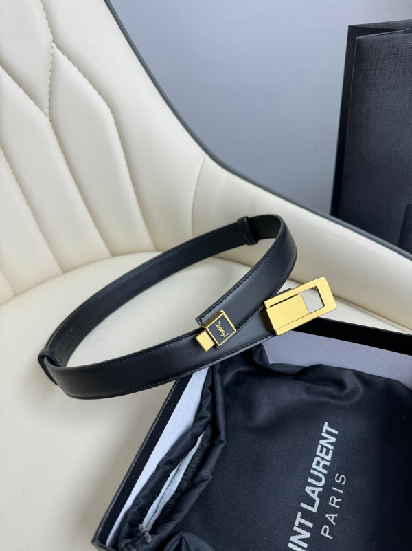 YSL 26S Charnière Belt 2.5cm Gold-Tone Cassandre Buckle Black Italian Leather 217088