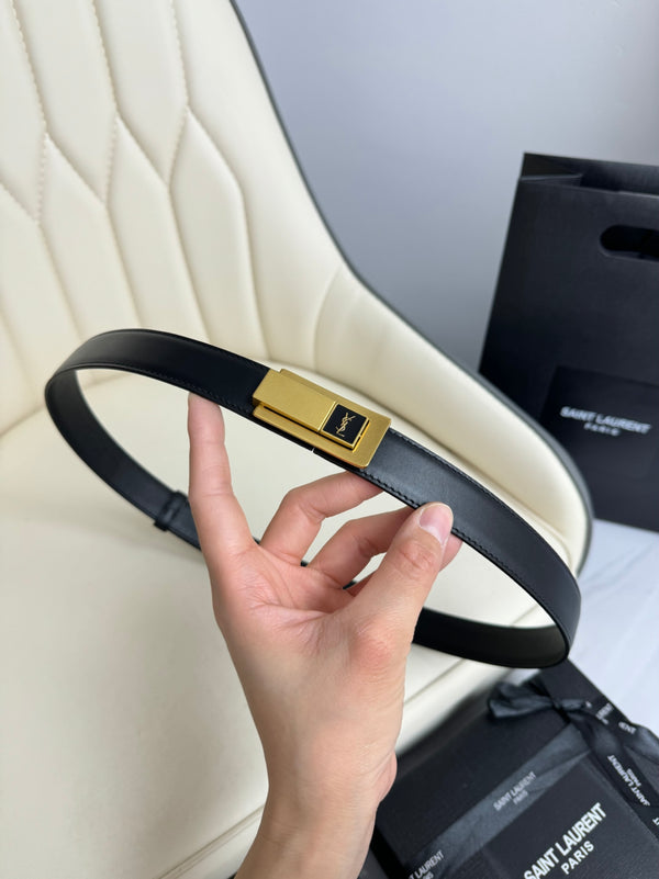 YSL 26S Charnière Belt 2.5cm Gold-Tone Cassandre Buckle Black Italian Leather 217088
