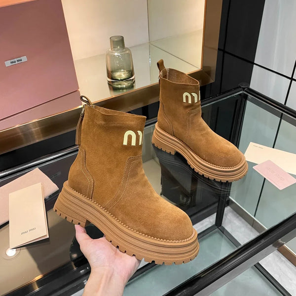 Miu 26s Logo Chunky Ankle Boots Suede