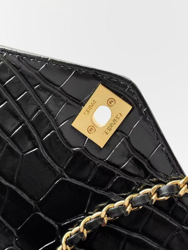 CC 2026 Maxi Top Handle Bag 31cm Black Crocodile Embossed Leather