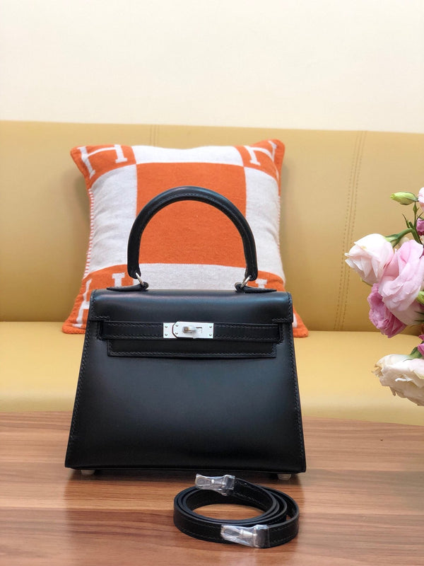 KELLY MINI 20 BAG IN BLACK SMOOTH CALFSKIN WITH SILVER HARDWARE (MADE - TO - ODER)