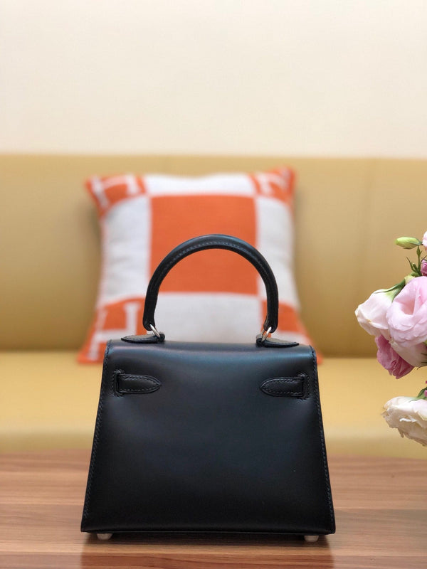 KELLY MINI 20 BAG IN BLACK SMOOTH CALFSKIN WITH SILVER HARDWARE (MADE - TO - ODER)