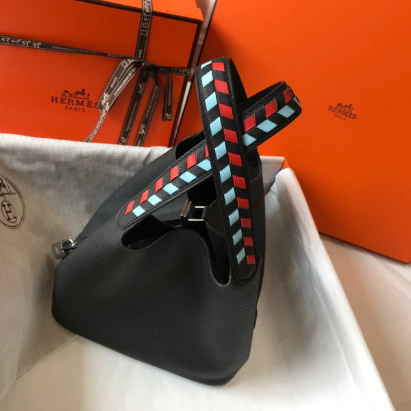 HM PICOTIN LOCK 18 BLACK EPSOM LEATHER WITH BRAID STRAP