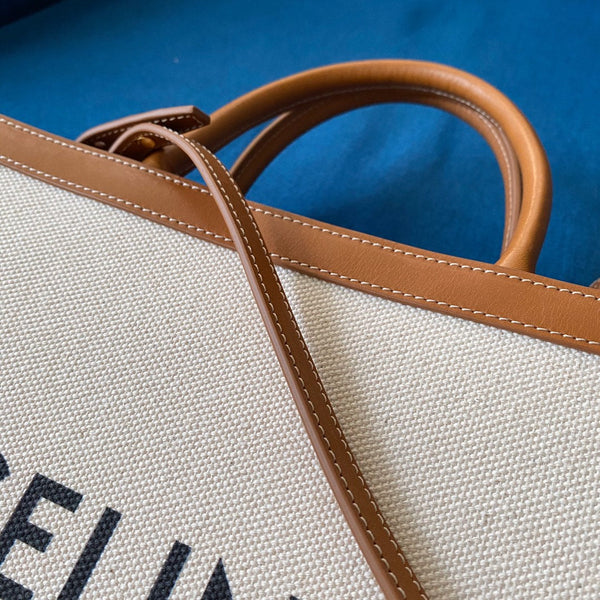 small vertical cabas 28cm beige canvas tan calfskin