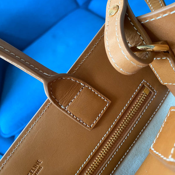 small vertical cabas 28cm beige canvas tan calfskin