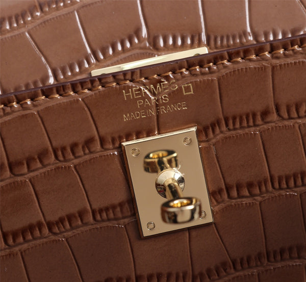 HM KELLY MINI 19 CHOCOLATE CROCODILE EMBOSSED CALFSKIN GOLD HARDWARE