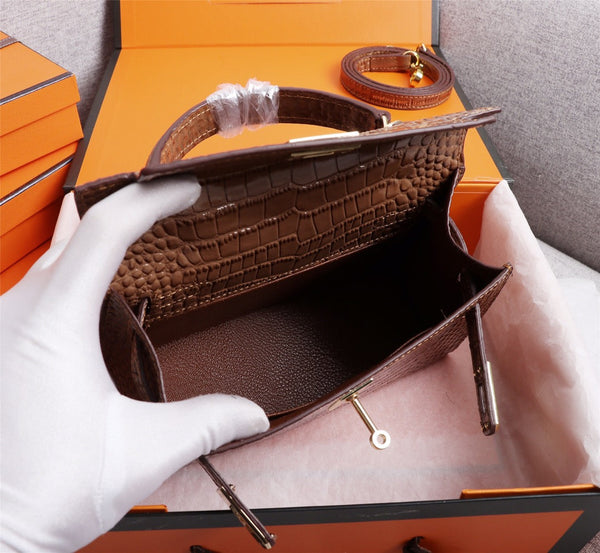 HM KELLY MINI 22 CHOCOLATE CROCODILE EMBOSSED CALFSKIN GOLD HARDWARE