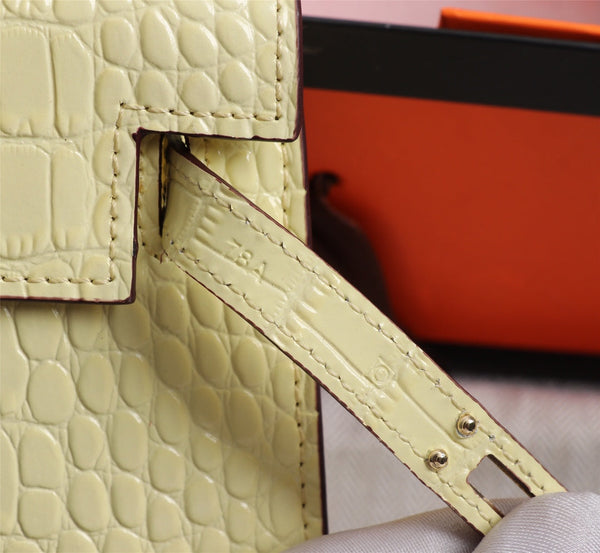 HM KELLY MINI 19 PASTEL YELLOW CROCODILE EMBOSSED COWHIDE GOLD HARDWARE