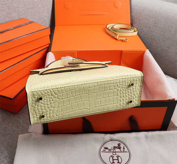 HM KELLY MINI 19 PASTEL YELLOW CROCODILE EMBOSSED COWHIDE GOLD HARDWARE