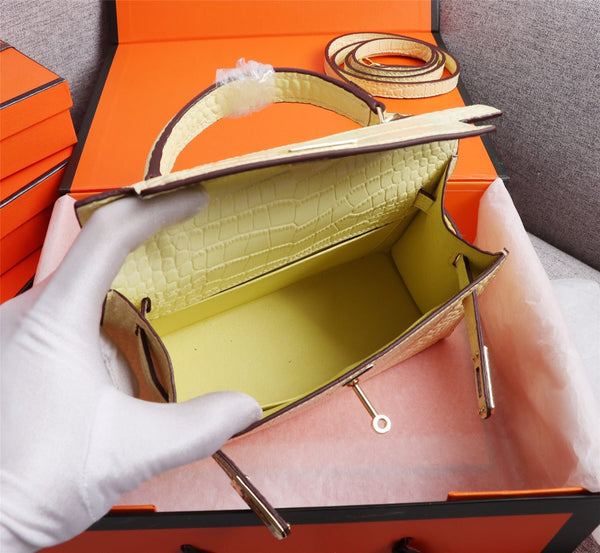 HM KELLY MINI 19 PASTEL YELLOW CROCODILE EMBOSSED COWHIDE GOLD HARDWARE