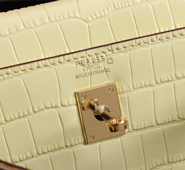 HM KELLY MINI 19 PASTEL YELLOW CROCODILE EMBOSSED COWHIDE GOLD HARDWARE