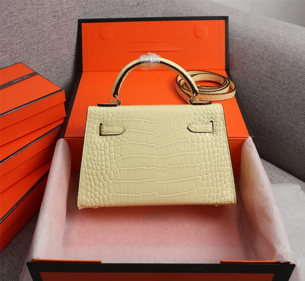 HM KELLY MINI 19 PASTEL YELLOW CROCODILE EMBOSSED COWHIDE GOLD HARDWARE