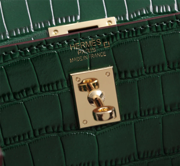 HM KELLY MINI 22 CASTLETON GREEN CROCODILE EMBOSSED CALFSKIN GOLD HARDWARE
