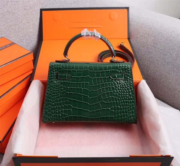 HM KELLY MINI 19 CASTLETON GREEN IN PELLE DI VITELLO CON GOFFRATURA IN COCCODRILLO E FERRAMENTA IN ORO