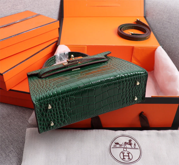 HM KELLY MINI 19 CASTLETON GREEN IN PELLE DI VITELLO CON GOFFRATURA IN COCCODRILLO E FERRAMENTA IN ORO