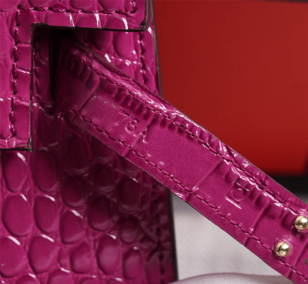 HM KELLY MINI 19 BARBIE PINK CROCODILE EMBOSSED CALFSKIN GOLD HARDWARE