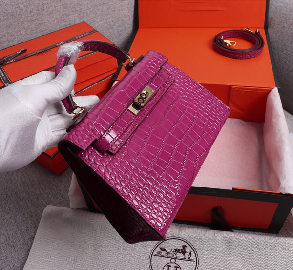 HM KELLY MINI 19 BARBIE PINK CROCODILE EMBOSSED CALFSKIN GOLD HARDWARE