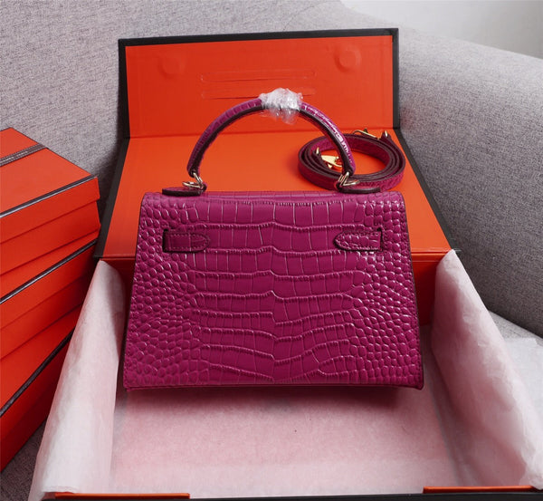HM KELLY MINI 19 BARBIE PINK CROCODILE EMBOSSED CALFSKIN GOLD HARDWARE