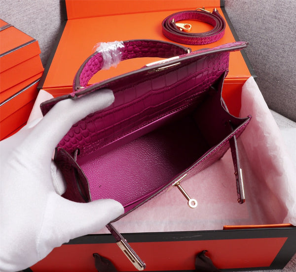 HM KELLY MINI 19 BARBIE PINK CROCODILE EMBOSSED CALFSKIN GOLD HARDWARE