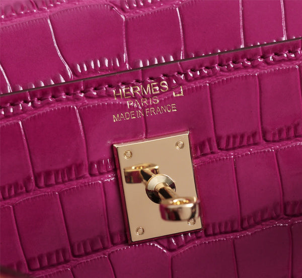 HM KELLY MINI 19 BARBIE PINK CROCODILE EMBOSSED CALFSKIN GOLD HARDWARE