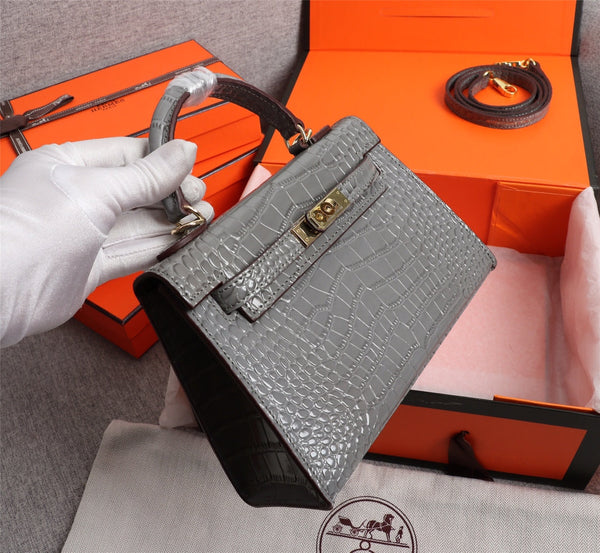 HM KELLY MINI 22 FOSSIL CROCODILE EMBOSSED CALFSKIN GOLD HARDWARE