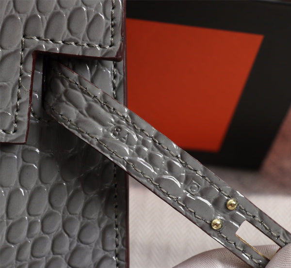 HM KELLY MINI 22 FOSSIL CROCODILE EMBOSSED CALFSKIN GOLD HARDWARE