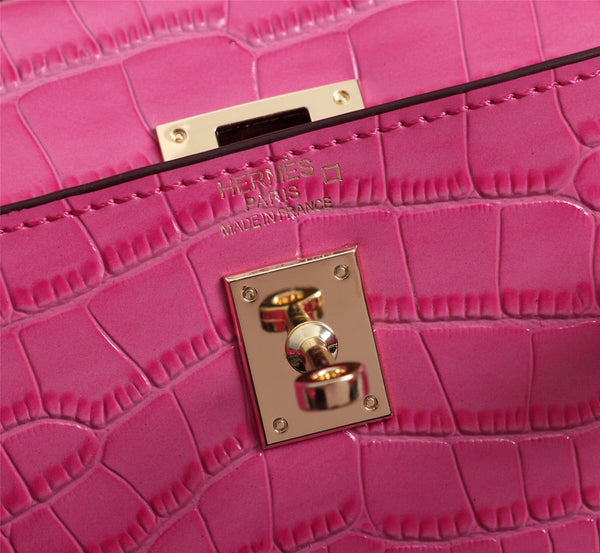 HM KELLY MINI 19 DEEP PINK CROCODILE EMBOSSED COWHIDE GOLD HARDWARE