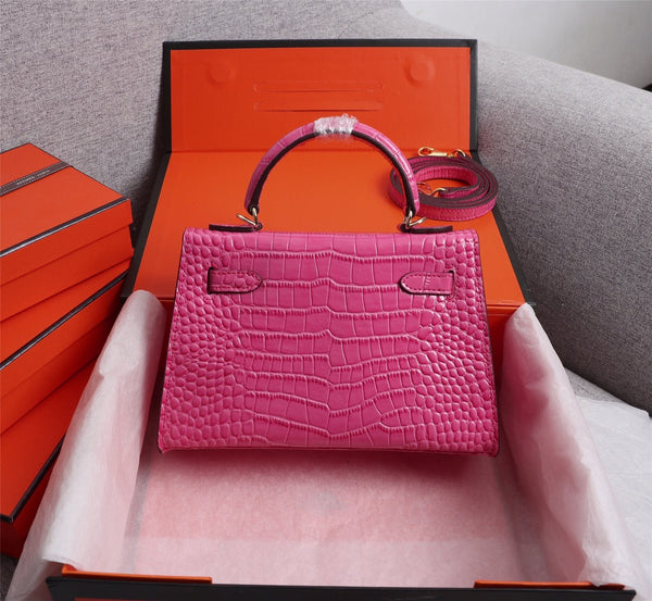 HM KELLY MINI 19 DEEP PINK CROCODILE EMBOSSED COWHIDE GOLD HARDWARE