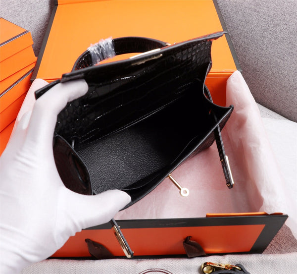 HM KELLY MINI 22 NERO IN PELLE DI VITELLO STAMPATA COCCODRILLO E FERRAMENTA ORO