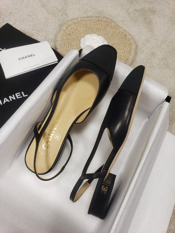 CC Slingback Flat Beige Lambskin Black Grosgrain Lambskin