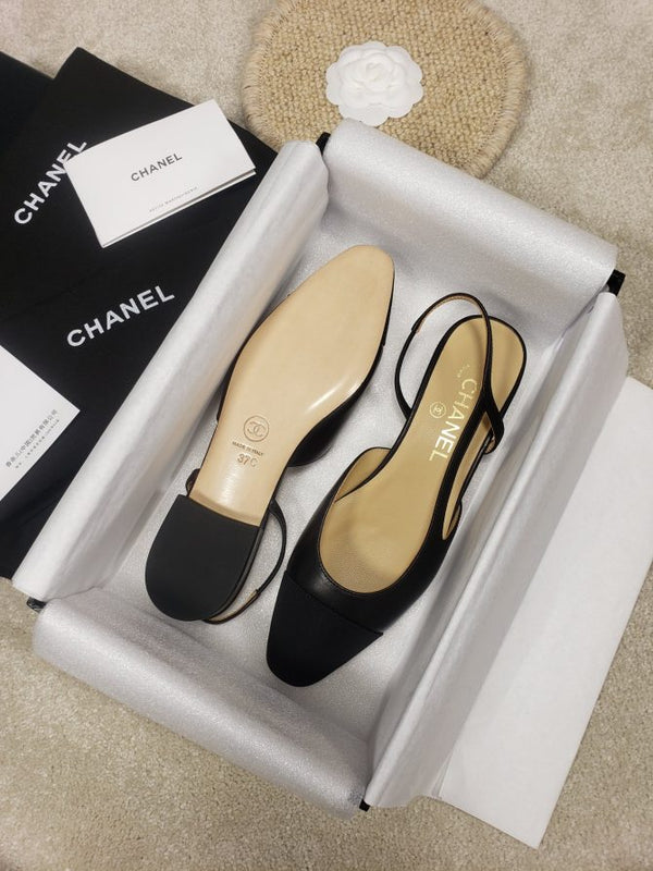 CC Slingback Flat Beige Lambskin Black Grosgrain Lambskin