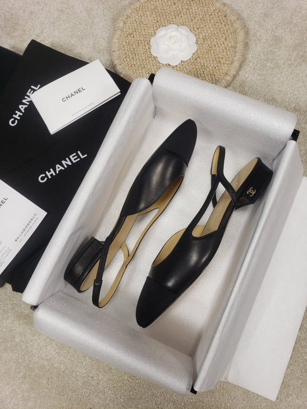 CC Slingback Flat Beige Lambskin Black Grosgrain Lambskin