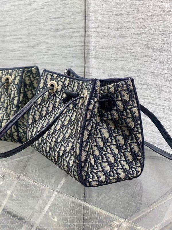 CD Medium Shopping Bag Blue Beige Oblique Jacquard Cotton Calfskin