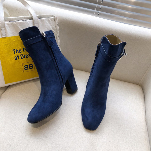 HM Classic Kelly High-Heeled Boots Navy Blue Suede 546202