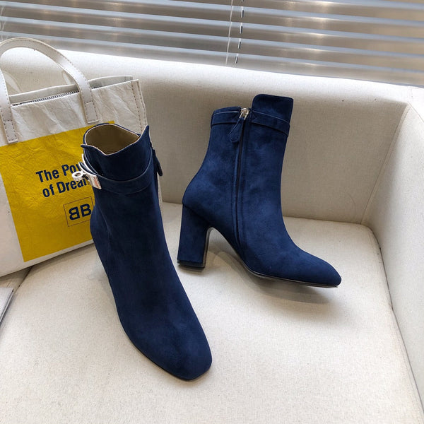HM Classic Kelly High-Heeled Boots Navy Blue Suede 546202