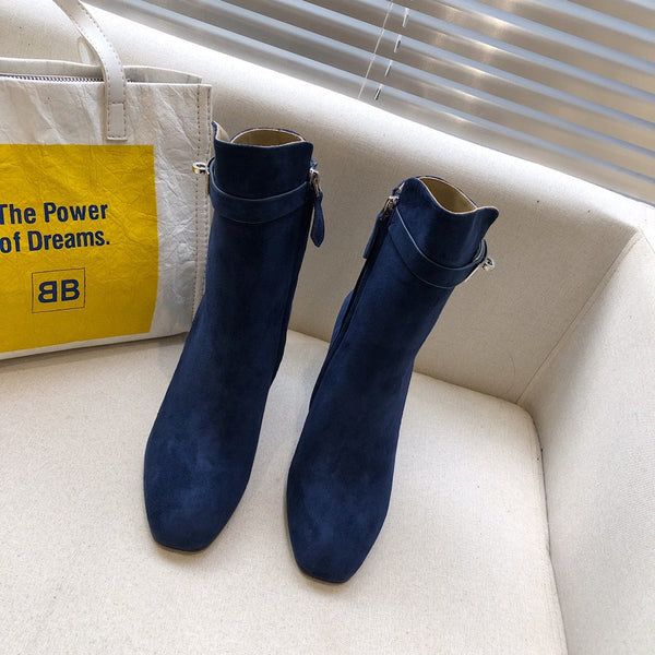 HM Classic Kelly High-Heeled Boots Navy Blue Suede 546202